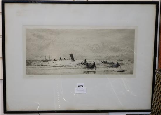 William Lionel Wyllie, etching, Yorkshire Cobles, signed in pencil, 21 x 49cm